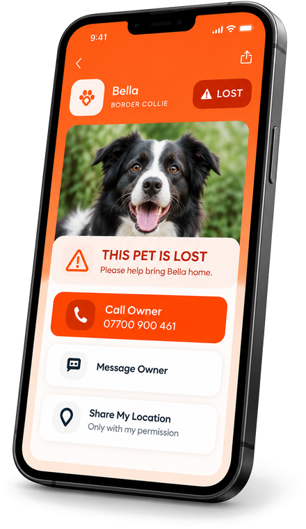 A finder's phone showing Bella's page in Lost Mode, with call, message and
               share-location buttons