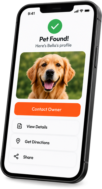 A finder's phone showing the found pet's profile and a contact button
