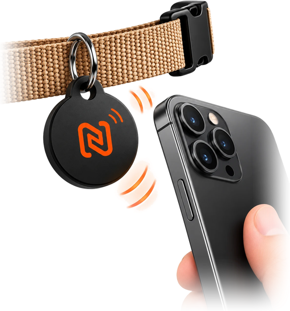 A Tag N Tap NFC tag on a pet collar, held against a phone